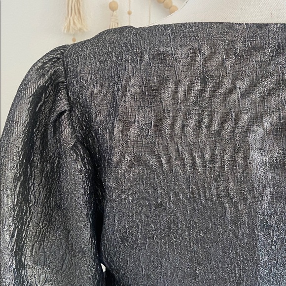 H&M silver metallic tie front top bubble sleeve blouse peplum pewter medium - Picture 14 of 17